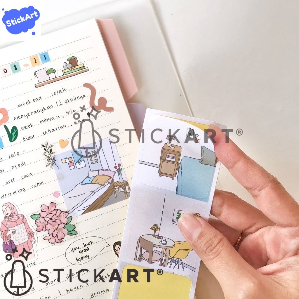 

[STICKART] Stiker jurnal memo/ aesthetic sticker/ 3 cut room sticker set KP108 BAHAN DAN KWALITAS PREMIUM
