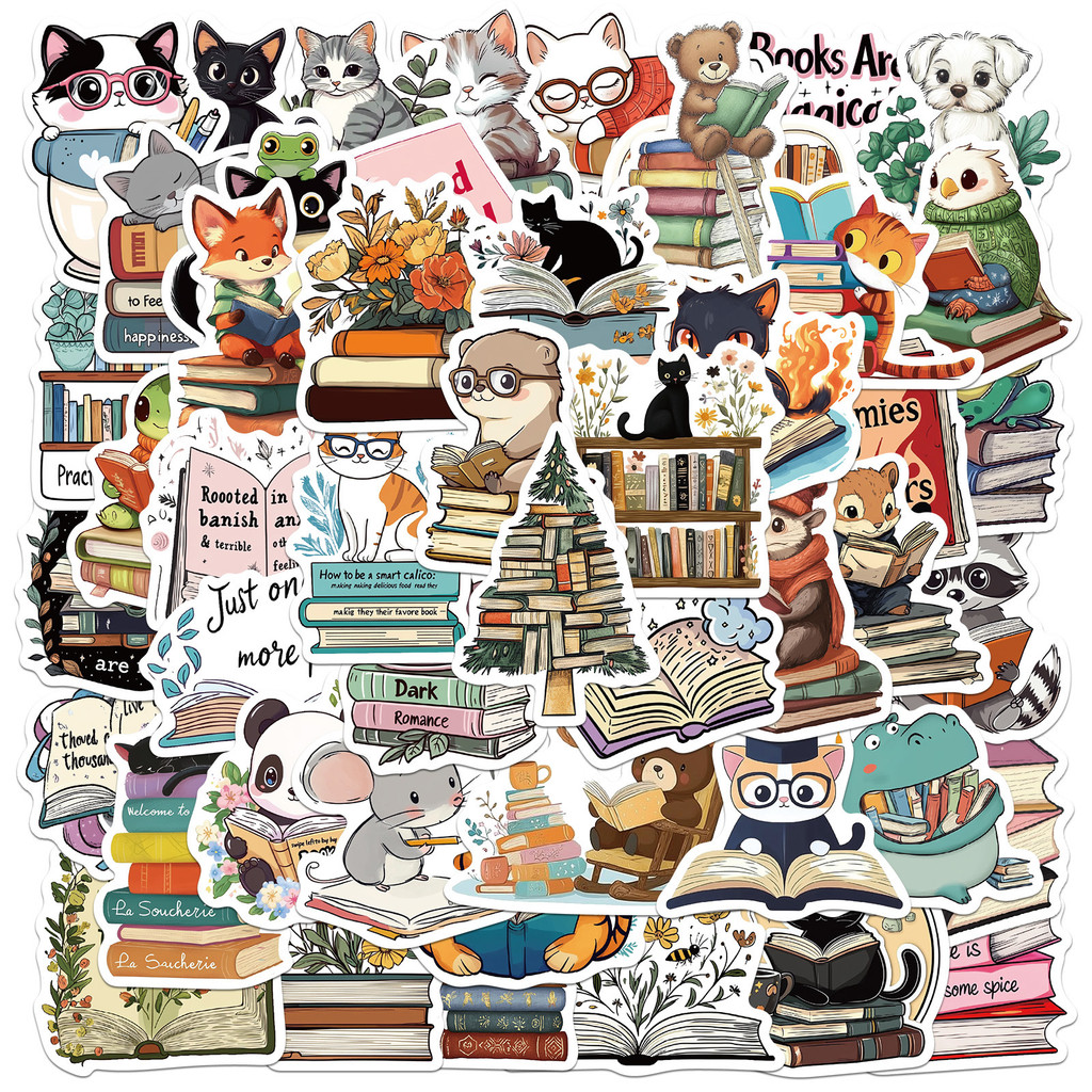 

10/25/50pcs Cute Cartoon Animals Book Reading Stickers Graffiti for DIY Scrapbooking Phone Laptop Helmet Water Bottle