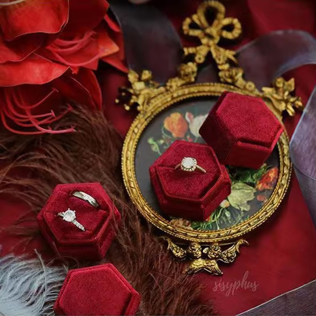 

1pc-Vintage Hexagonal Jewelry Double Ring Box Empty Box Engagement Wedding Ceremony Gift Organizer