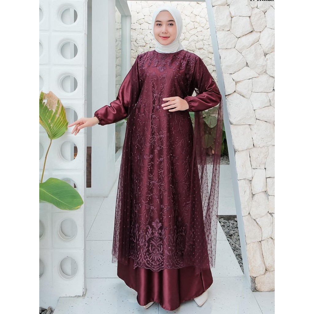 Gamis Wanita Brukat Terbaru Motif Simple Alia Dress - Seragam Keluarga Butik Mewah Elegan Pesta Outf