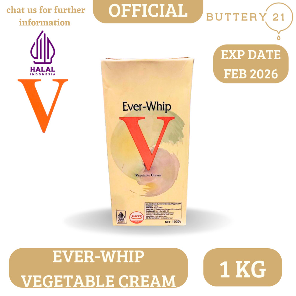 

EVER WHIP 1 LTR/EVERWHIP CREAM/VEGETABLE CREAM/KRIM NABATI MANIS/SWEETENED NON DAIRY WHIPPED CREAM