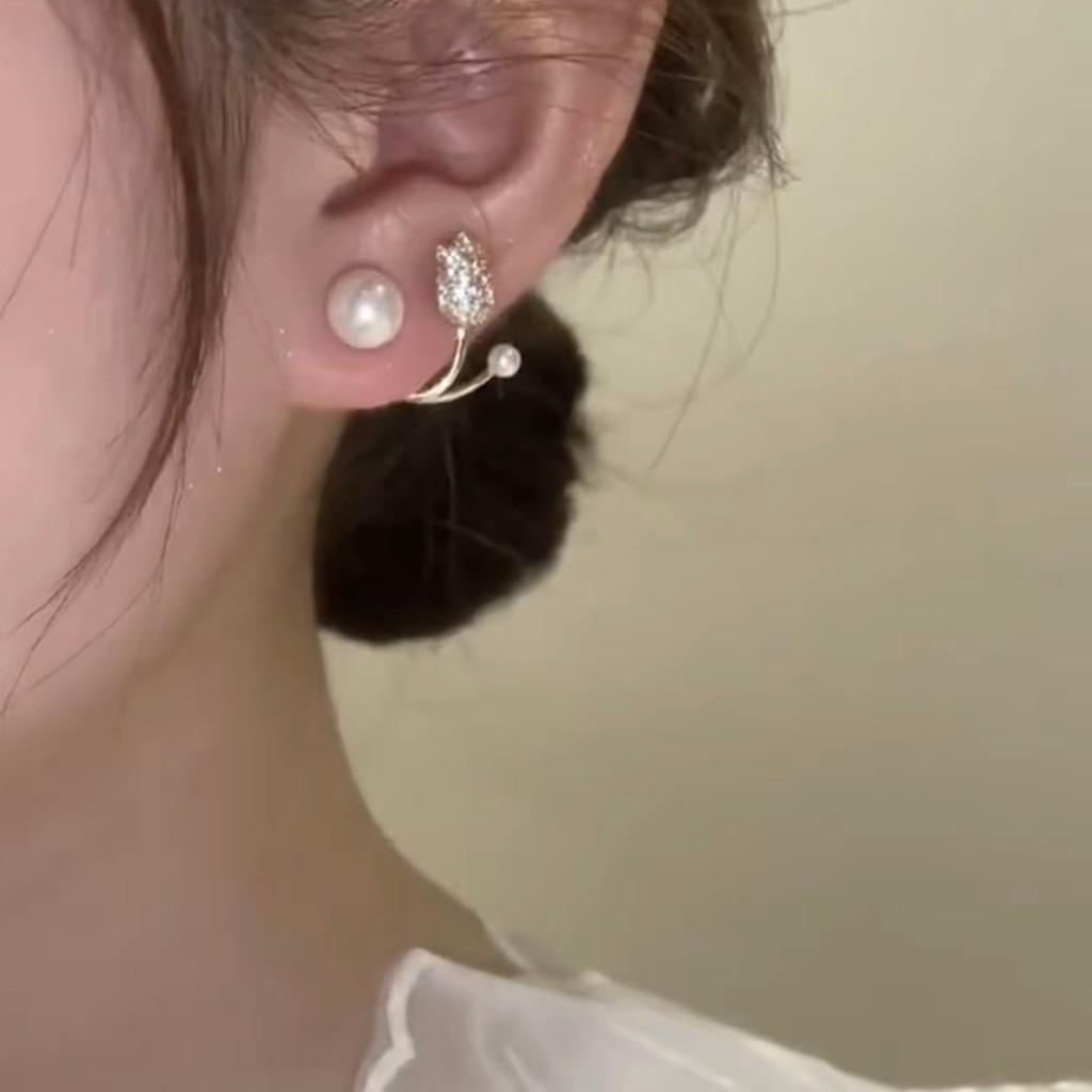 FAYE Jewelry - Anting-anting Mutiara dan Berlian Bunga Tulip Anting Mata Kucing Emas Wanita