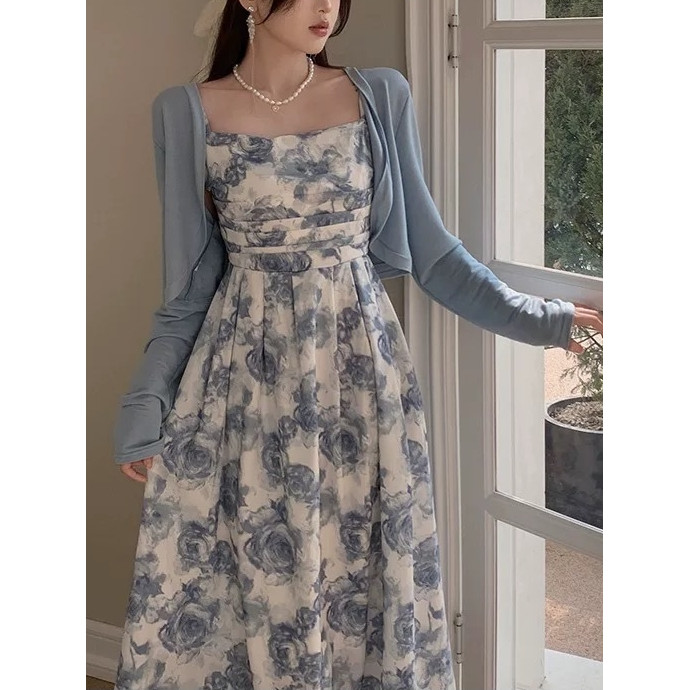 midi dress biru bunga jumbo dress pantai korea style lengan pendek wanita kekinian dress party elega