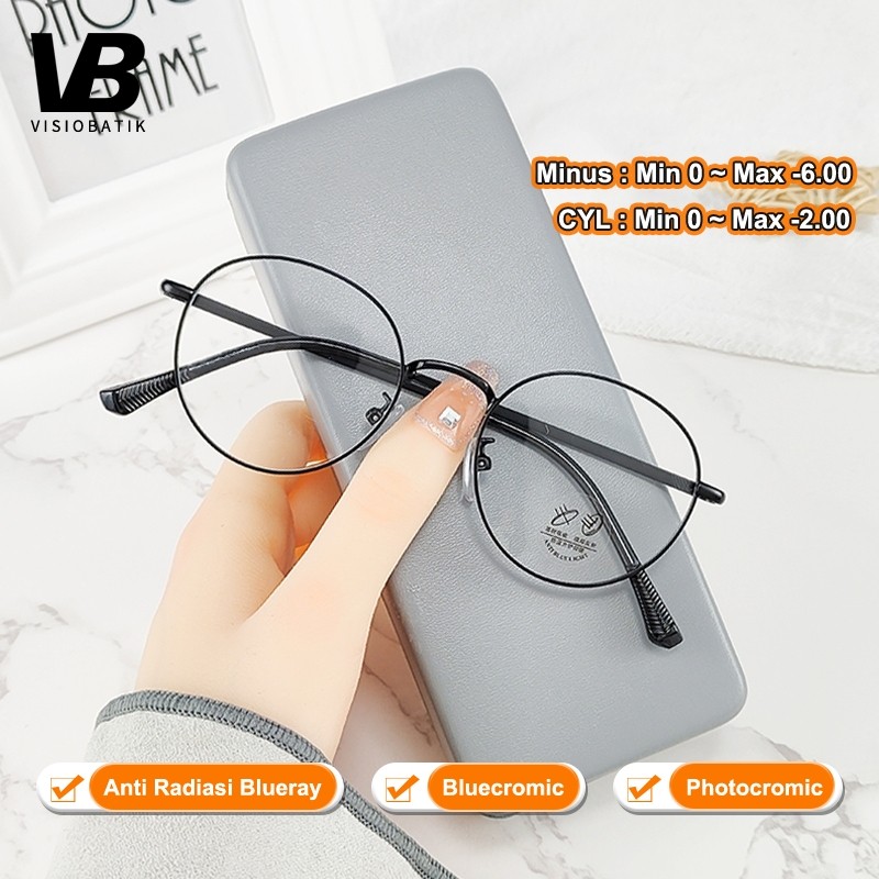 VisioBatik Kacamata Minus Bulat Photocromic Anti Radiasi Wanita Pria UV400 Korea Simple Kacamata bul