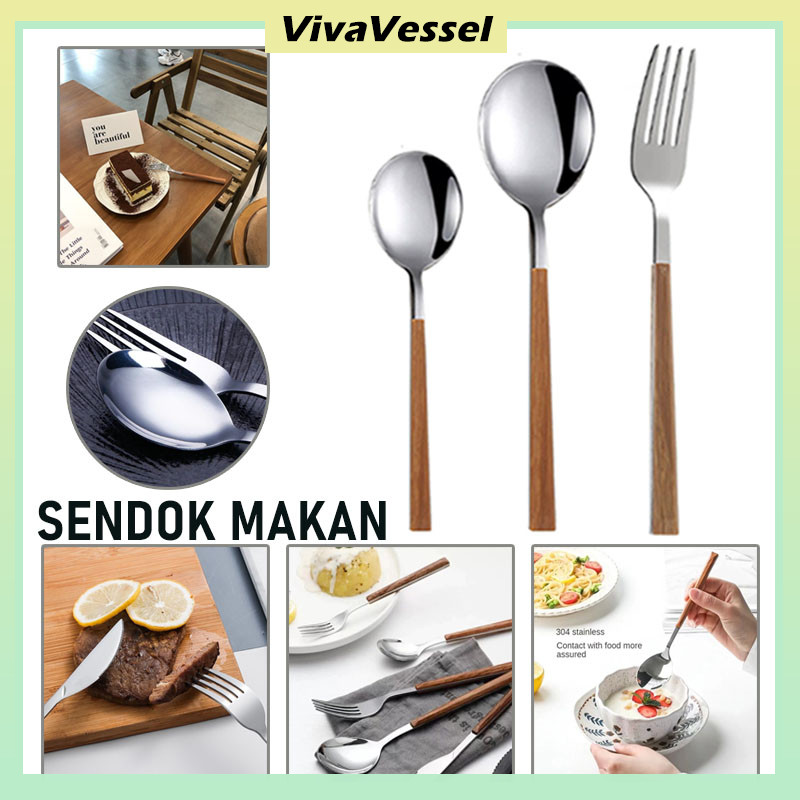 Sendok Garpu Stainless Handle Kayu/Alat Makan Stainless Steel/Set Alat Makan Korea/Sendok Makan