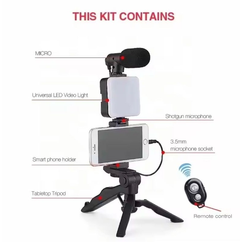 Tripod Paket Vlog Paket Holder Hp 5In1 Lengkap Lampu Led Mikrofon Live Streaming YouTuber Vloger Cam