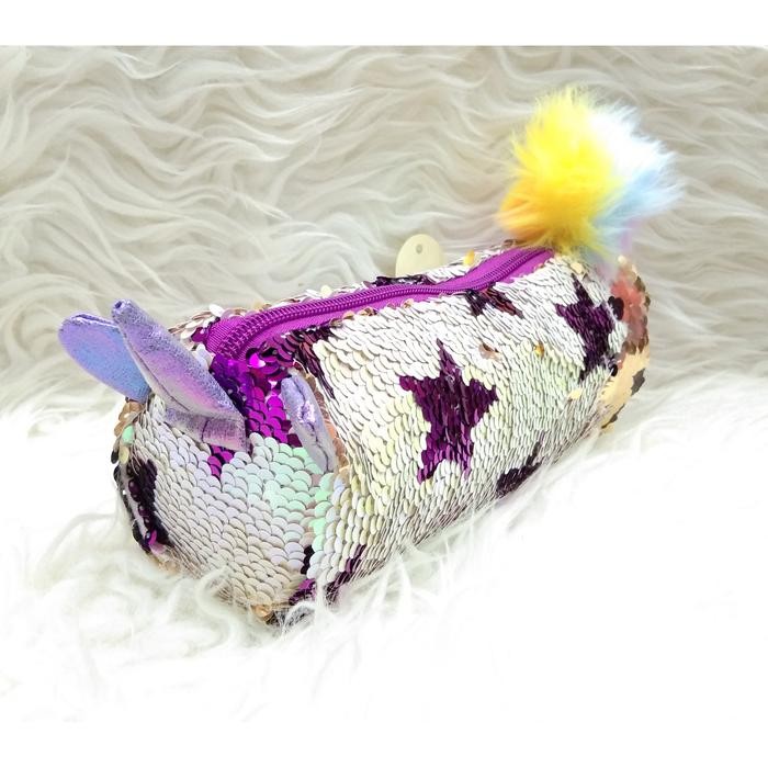 

[New Arrival] Tempat Pensil Sequin Pom Pom unicorn bulu anak sekolah - Putih Ungu