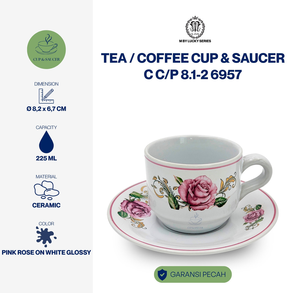 Lucky Cangkir Set Tatakan Keramik Rose Besar 8,2 cm Pink Putih Kilap 225 ml Gelas Teh Kopi Aesthetic