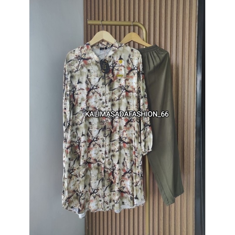 PARXETSHOP  One set Long Tunik Rasya Setcel Rayon Twill Motif Bunga Setelan Wanita Kekinian Jumbo LD