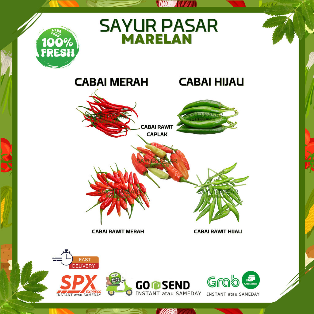 

CABE CABAI MERAH KERITING / CABAI HIJAU KERITING / CABAI RAWIT CAPLAK / CABAI RAWIT HIJAU / CABAI RAWIT MERAH - 100gr 250gr 500gr