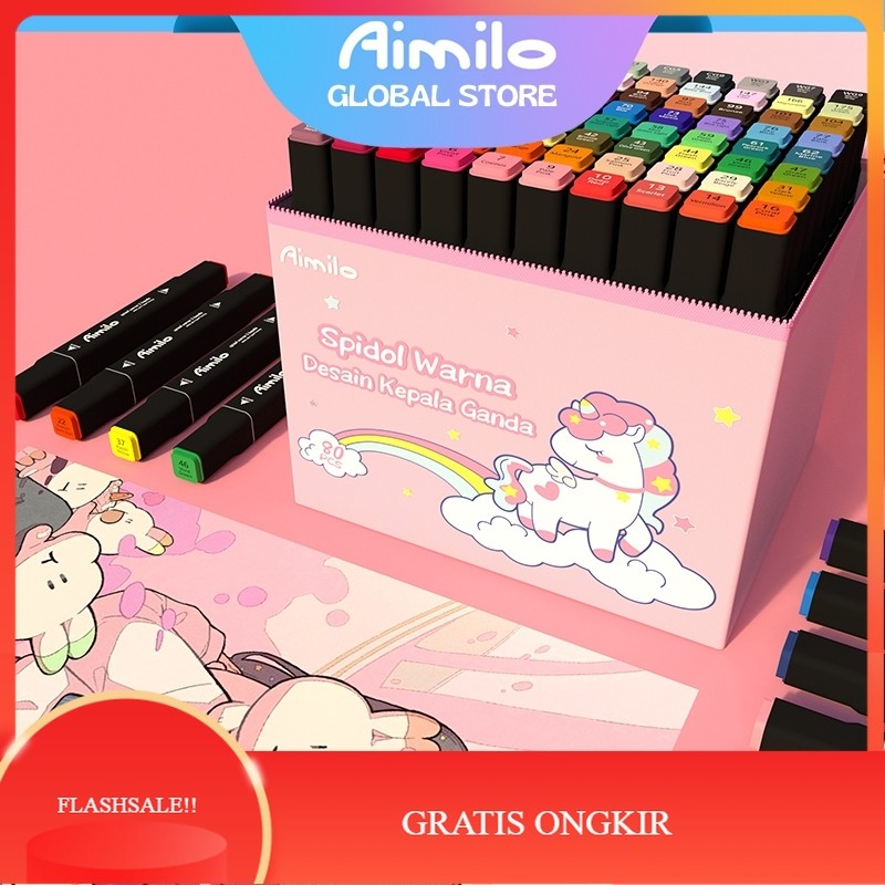 

【AGNES_ID】SALE!! Aimilo Spidol Warna Warni 1 Set Sketch Marker 2 Tips Kartun Marker Set 24/36/48/60/80 Warna