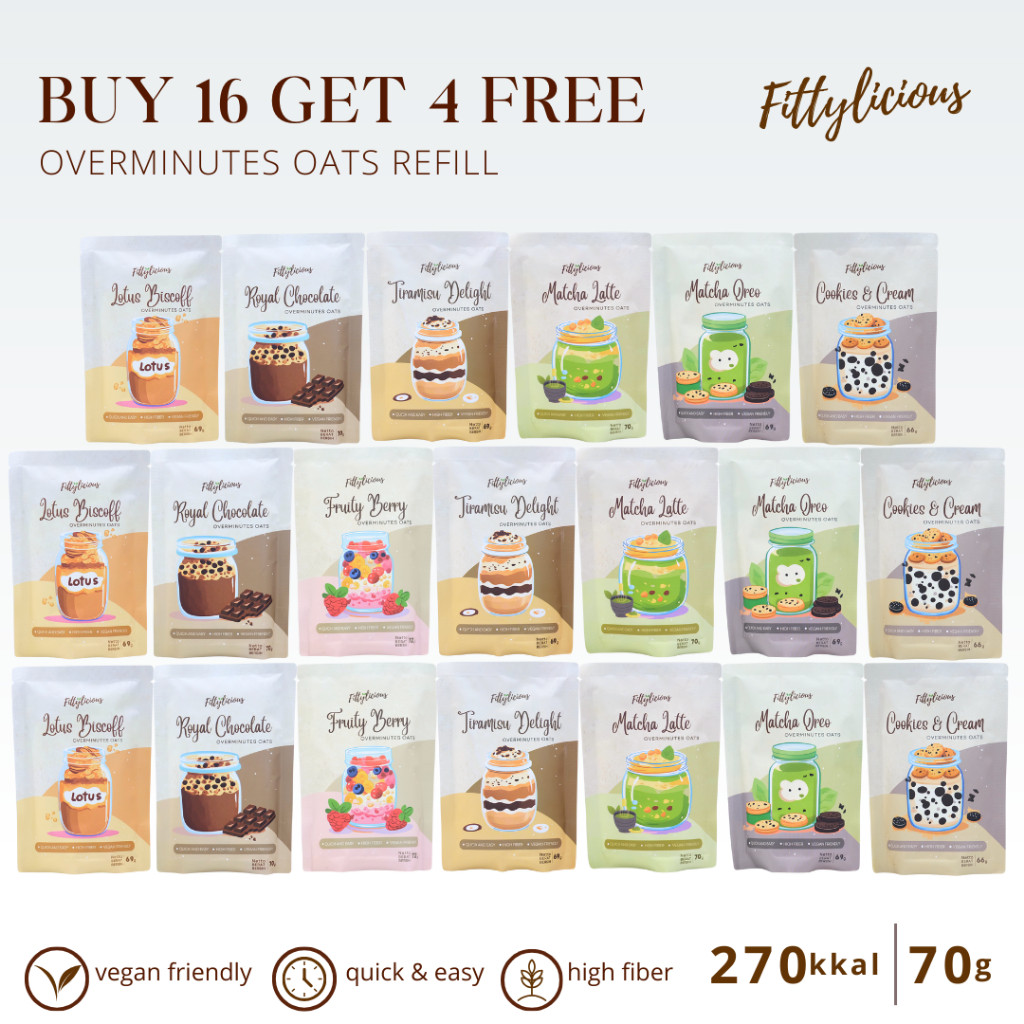 

Fittylicious DIY Overminutes Oats / Oatmeal / Sereal Oat BUY 16 GET 4 FREE REFILL / Overminutes Oats / Overnight Oats / Oatmeal