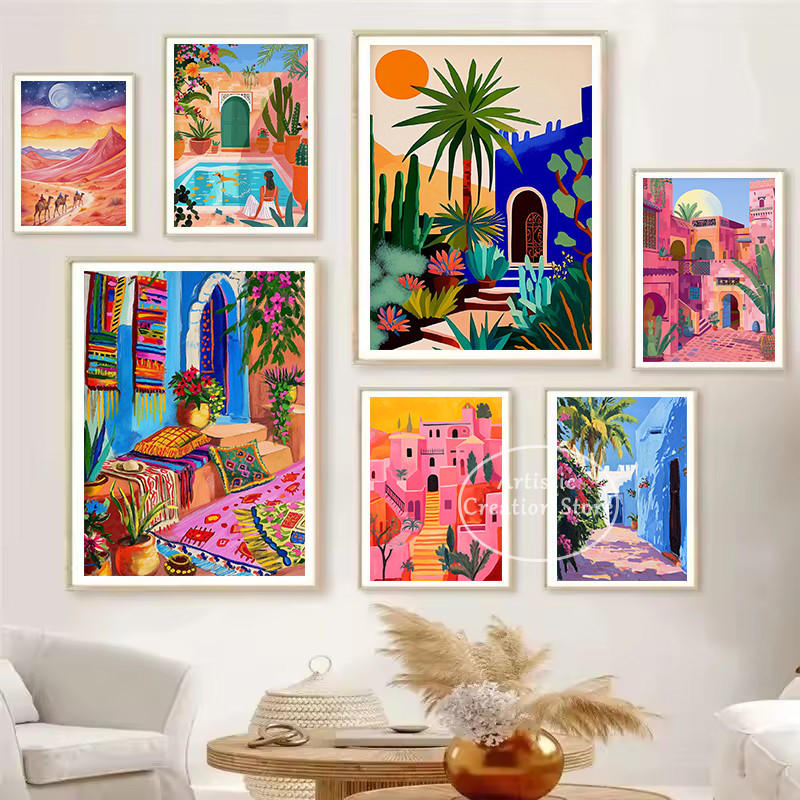 

Abstract Morocco Travel Marrakesh Mediterranean Architecture Desert Illustration Poster Canvas Painting Wall Picture Home Decor