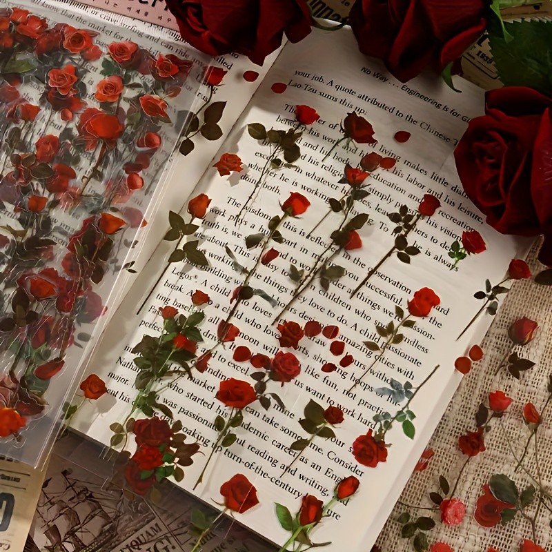 

6 pcs/Pack Red Rose Flower PET Stickers Decorative Scrapbooking Collage Junk Journal Supplies Diary Album Craft Card DIY Label