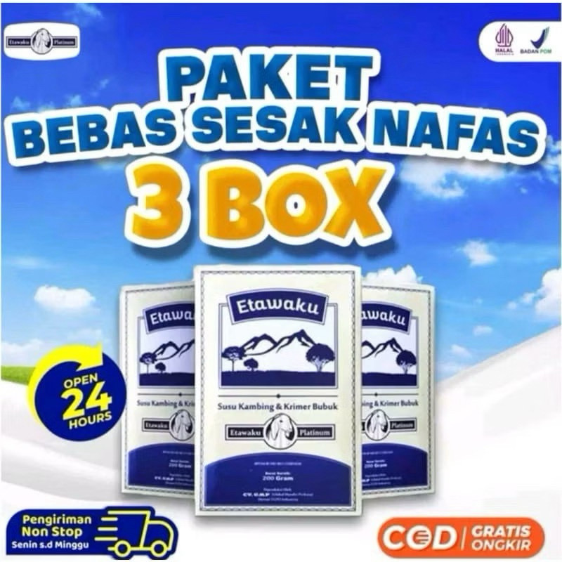 

PAKET 3 BOX ETAWAKU PLATINUM - Susu Kambing Etawa Provit Solusi Atasi Masalah Gangguan Pernapasan / Asma / Lutut Sakit Tulang Sakit Nyeri Sendi Tulang Keropos Osteoporosis Obat Nafas Napas Lega Minuman Kesehatan Termurah Terlaris Terampuh