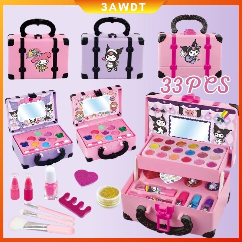 DANGLAPOSHOP  [COD] 33PCS Girls Makeup Toys / Kuromi make up asli anak Set / Lipstik Eye Shadow Safe