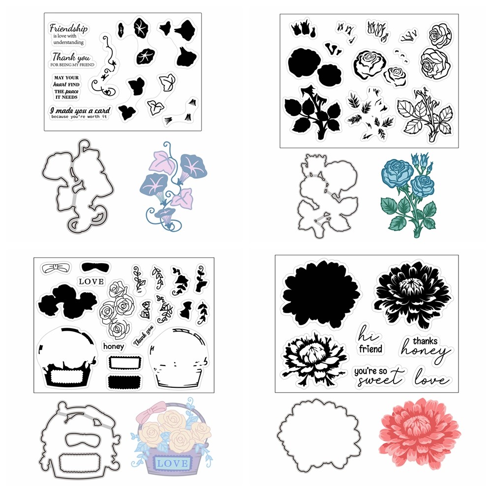 

2pcs/set Morning Glory Clear Stamps and Cutting Dies set Flowers Sentiments Silicone Stamps for Card Making Decoration
