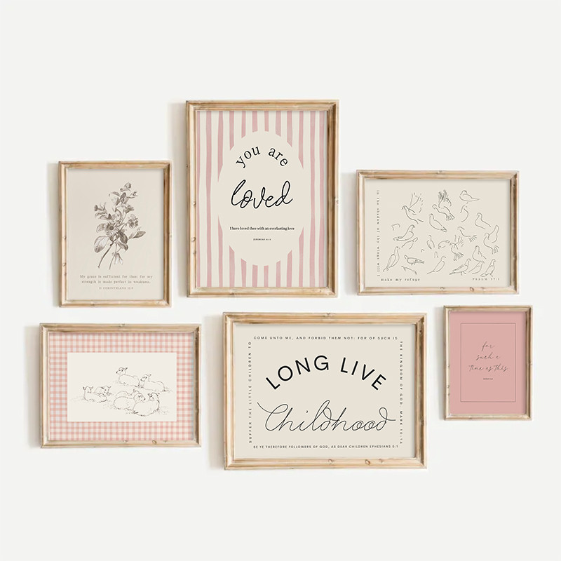 

Vintage Pink Striped Alphabet Flower Poster Christian Scripture Canvas Painting Kindergarten Girls Room Decoration Wall Art