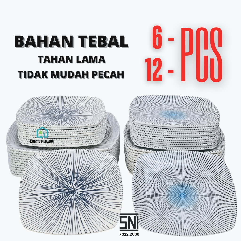 Promo Piring Saji Melamin Asli Persegi Ceper (Motif Keramik Imitasi) 1 Lusin 12 Pcs Dangkal 789 Inch