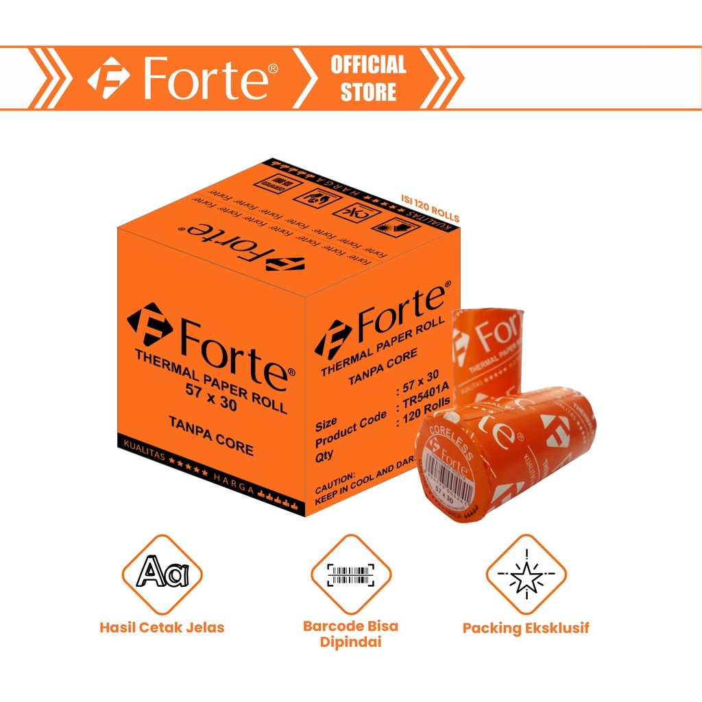 

[Forte] [Ctn/120pcs] Kertas Thermal Struk Roll Kasir 57x30 Tanpa Core