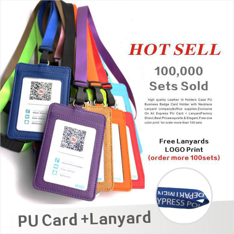

Leather Id Holders Case PU Business Badge Card Holder with Necklace Lanyard LOGO Customize Print School Office Supplies