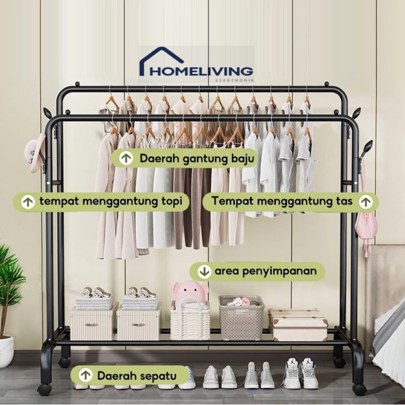 Double Stand Rak Baju Gantungan Jemuran Baju Besi Stand Hanger Paling Murah