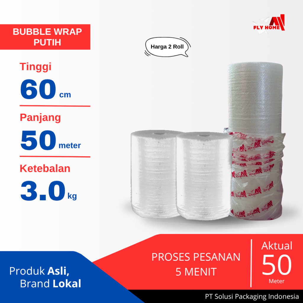 

FLYHOME Bubble wrap putih 3kg potongan 60cm putih 2 roll besar 60x50meter