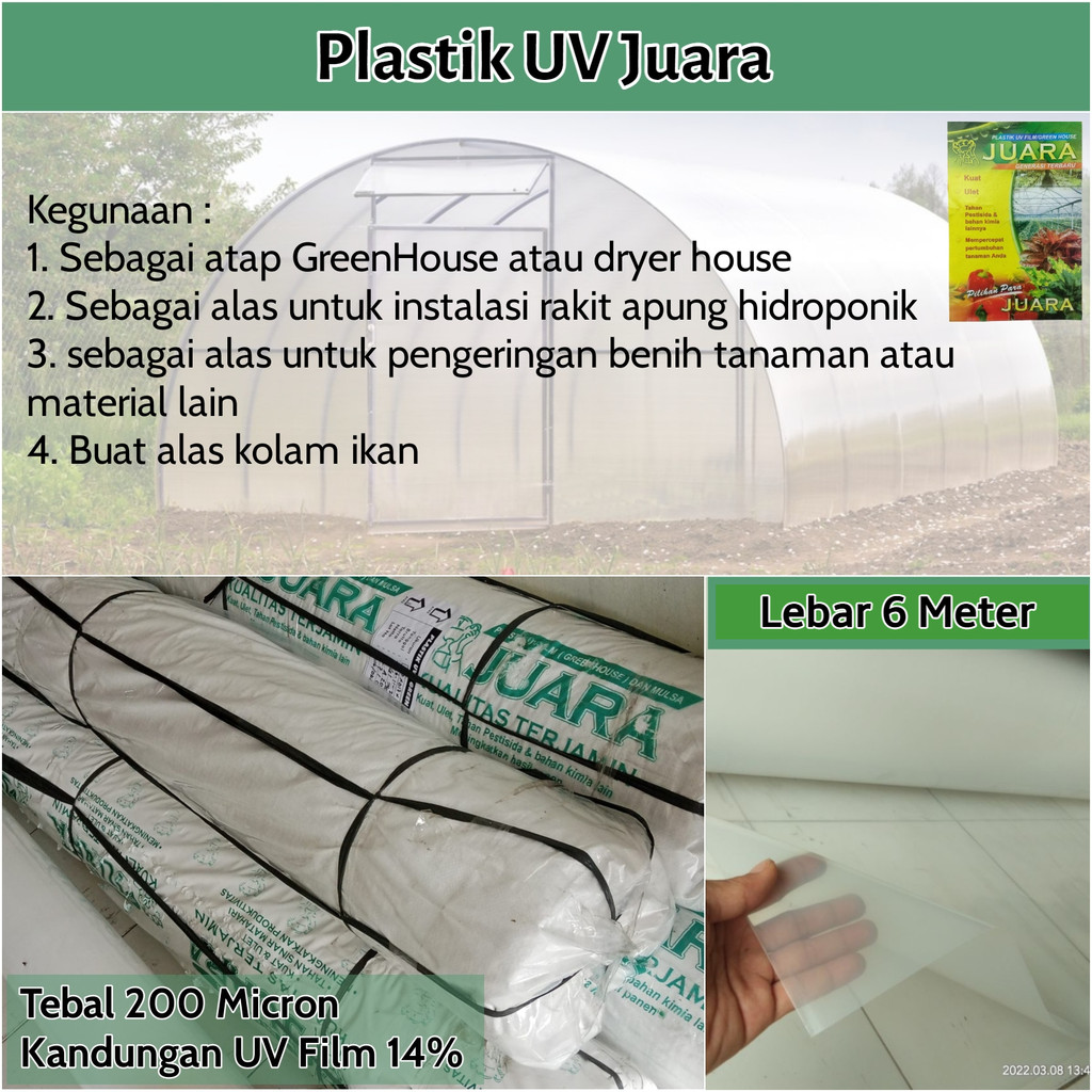 Plastik UV JUARA Lebar 6 Meter Tebal 200 Micron Yupi Untuk Atap Green House Hidroponik Dan Kolam