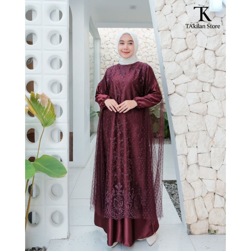 PARXETSHOP  Hanum Dress Warna Burgundy Gamis Brukat Model Terbaru 2025 Dres Brokat Mewah Simple Eleg