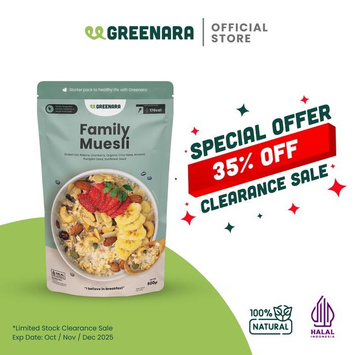 

Greenara Family Muesli / Muesberry / Sarapan Sehat Oat Instant dengan Kacang atau Buah - Family Muesli