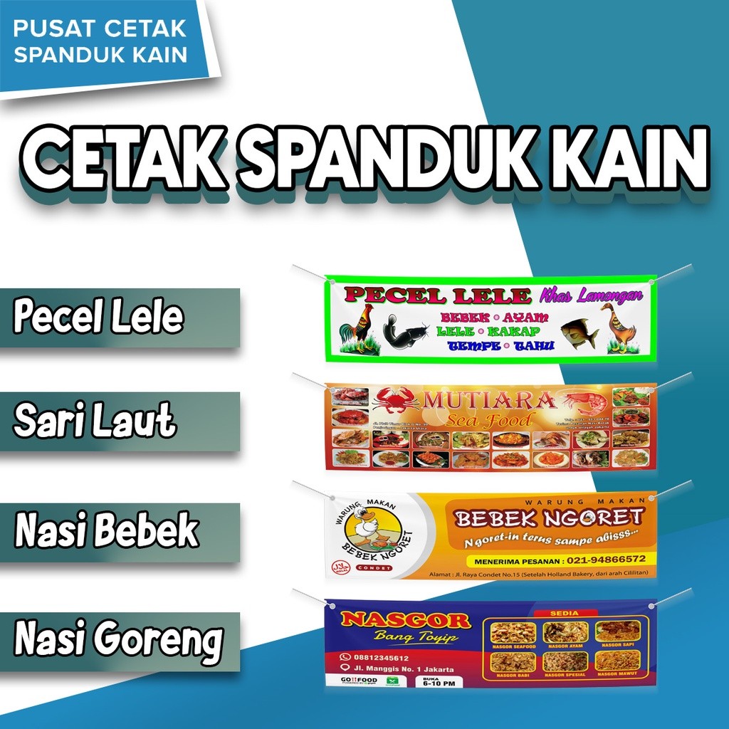 CETAK SPANDUK KAIN PECEL LELE SARI LAUT NASI BEBEK NASI GORENG TEBAL PREMIUM