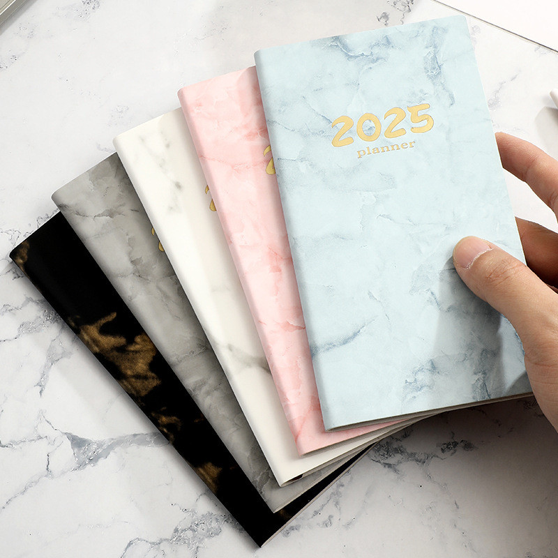 

2025 Portable A6 Agenda Book With Calendar Weekly Planner Marbled Cover List English Notepad Students Pocket Diary Notepad Pu