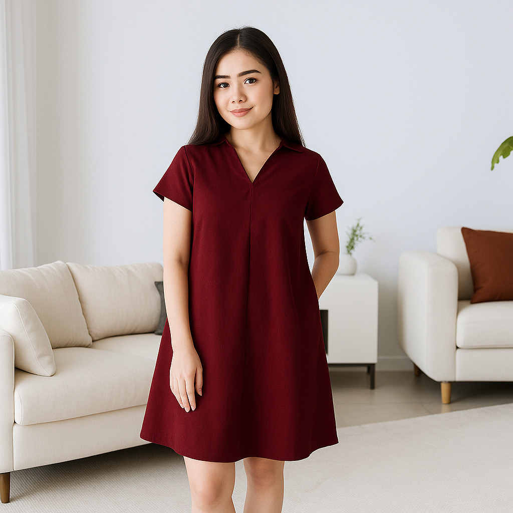 Zero Rajut Store - Dress Wanita Casual A-Line Mini Dress Kerah V-Neck lipat Lengan Pendek #4106