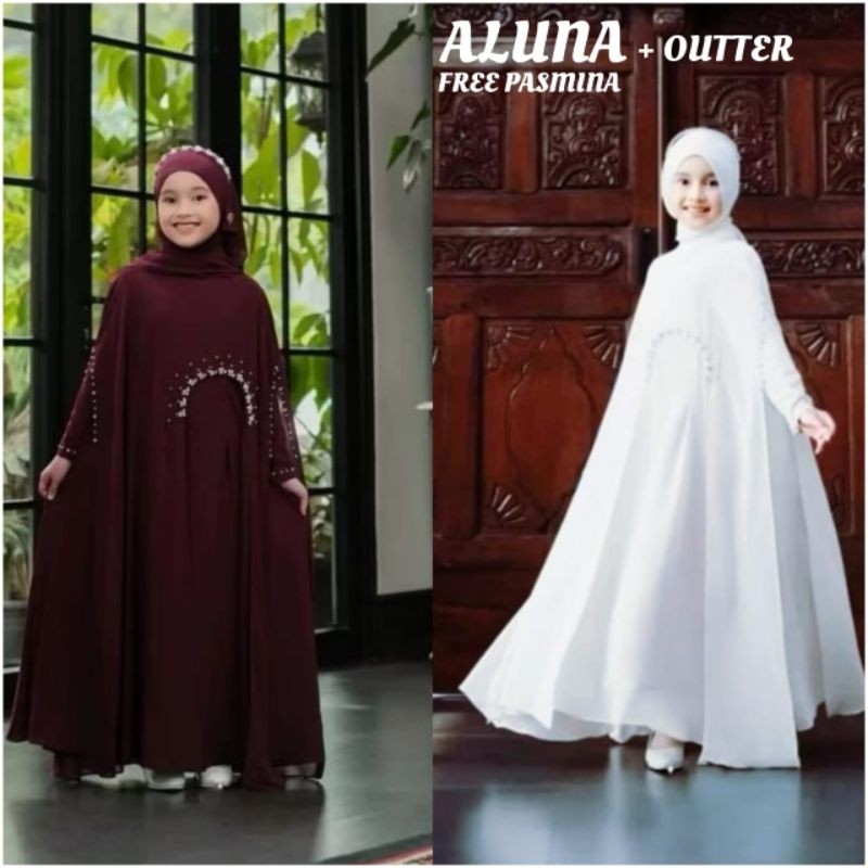 Abaya Aluna Gamis Anak Free Hijab 1-13 Tahun Gamis Putih Anak Perempuan Manasi Haji Anak Abaya Anak/