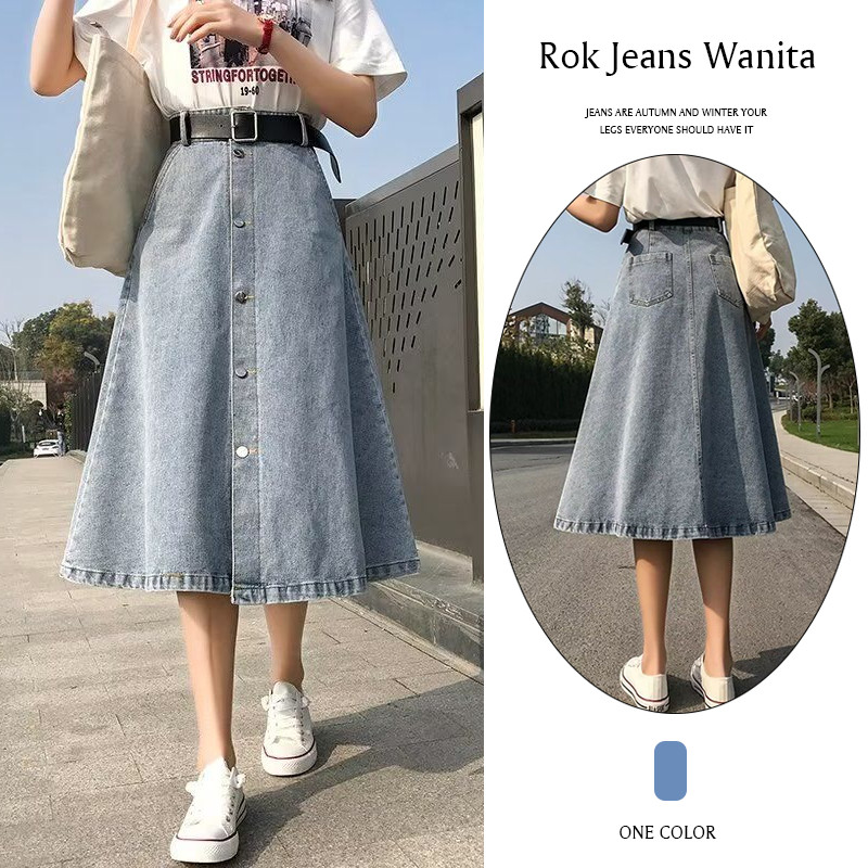 | Kekinian.factory  Cod (Ready Stok) Rok Kancing Penuh Rok Korean Style Panjang 7/8 Rok Jeans Wanita