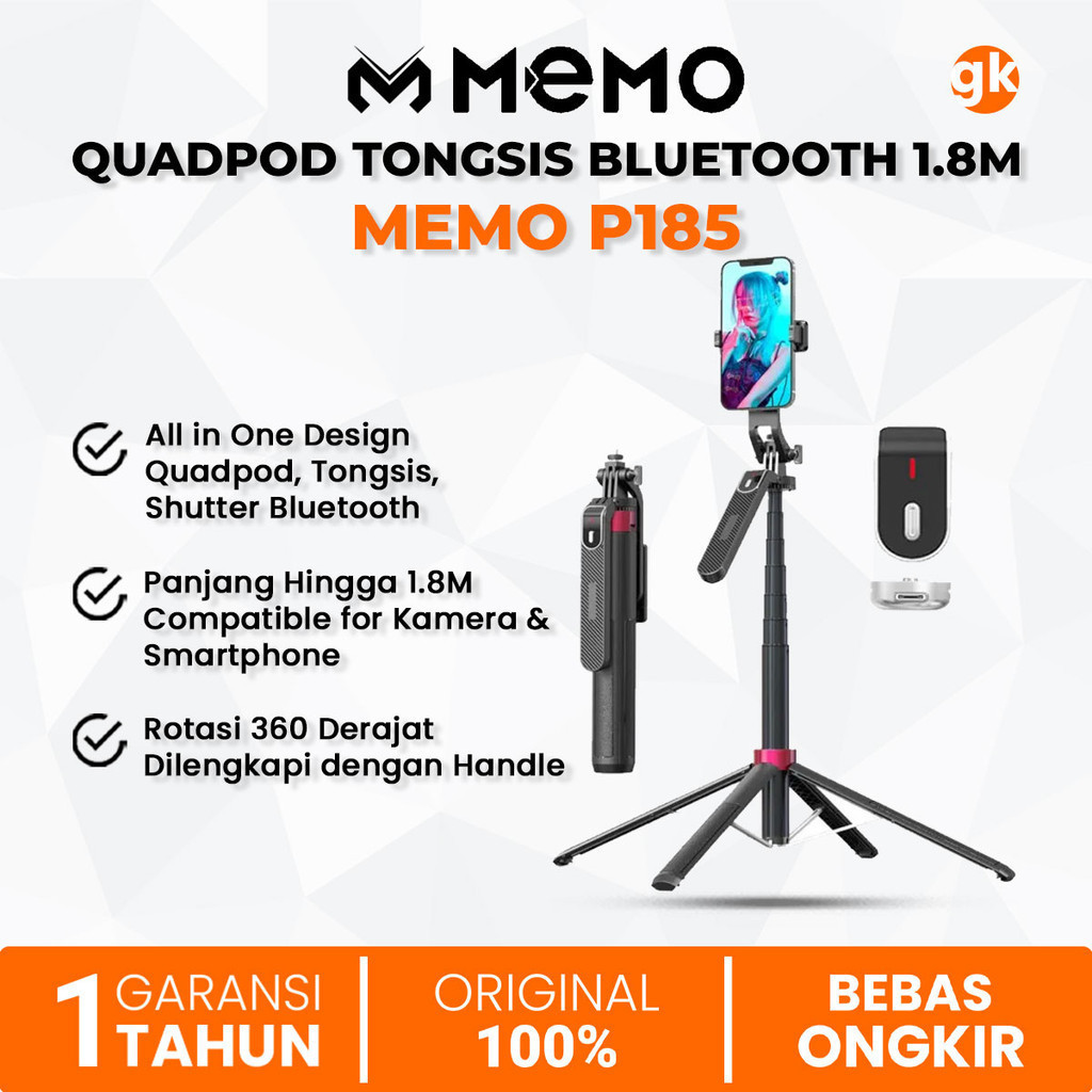 MEMO P185 Tripod Bluetooth Selfie Stick Stabilizer 1.8M With Remote Quadpod Penyangga Tongsis HP Kam