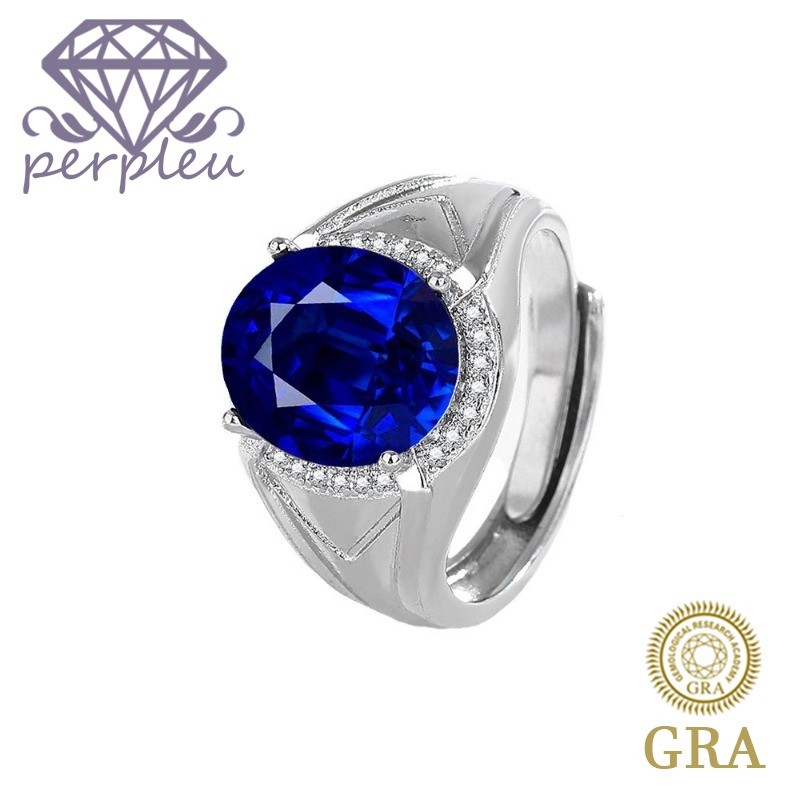 Sertifikat GRA Gratis Cincin Pria Oval Moissanite Asli Perak Berlapis S925 Dengan Safir
