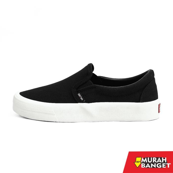 SABA Vintage Slip On All Black White - Sepatu Sneakers Casual Pria Wanita - Hitam Putih, 36