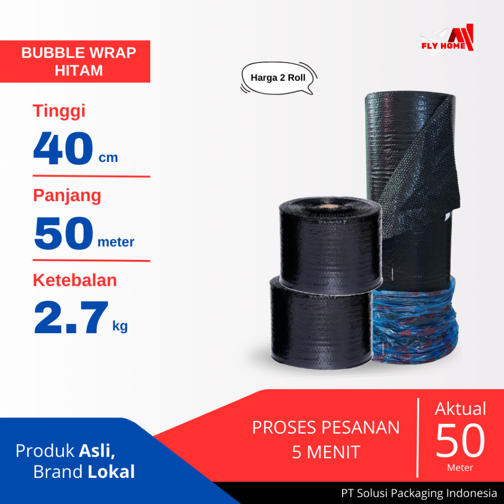 

FLYHOME Bubble wrap hitam potongan 40cm 2,7kg 2 roll hitam 40x50meter