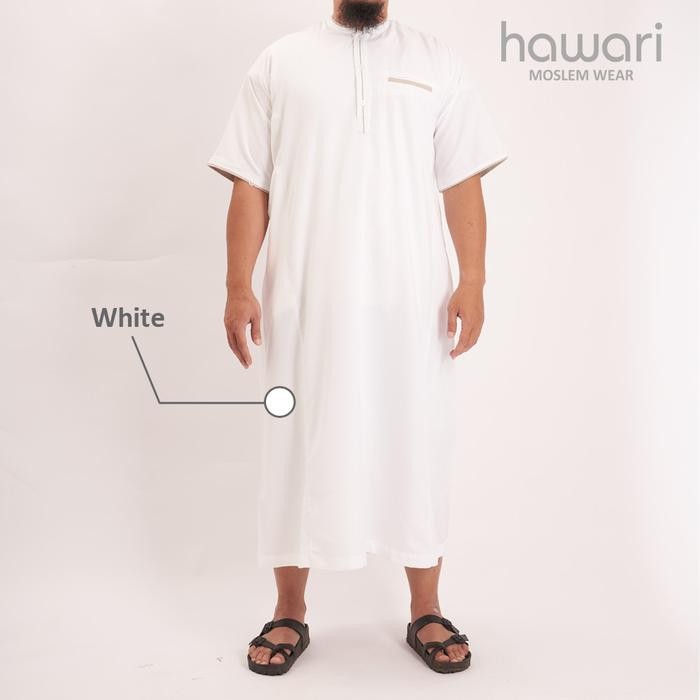 Jubah Gamis Pria Lengan Pendek Umar by Hawari Model Kancing - Putih, S