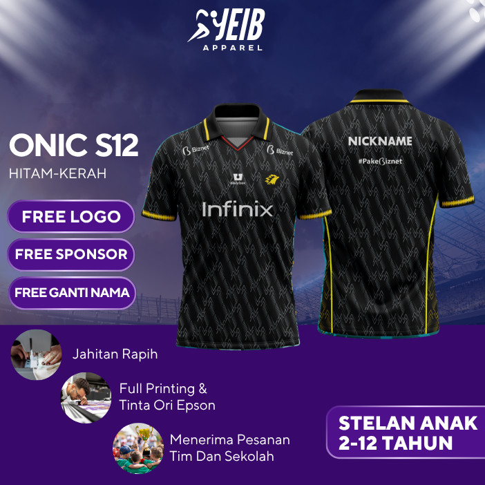 JERSEY ESPORT ANAK ONIC S12-HITAM-KERAH JERSEY GAMING CUSTOM NAMA MURAH CUSTOM NAMA
