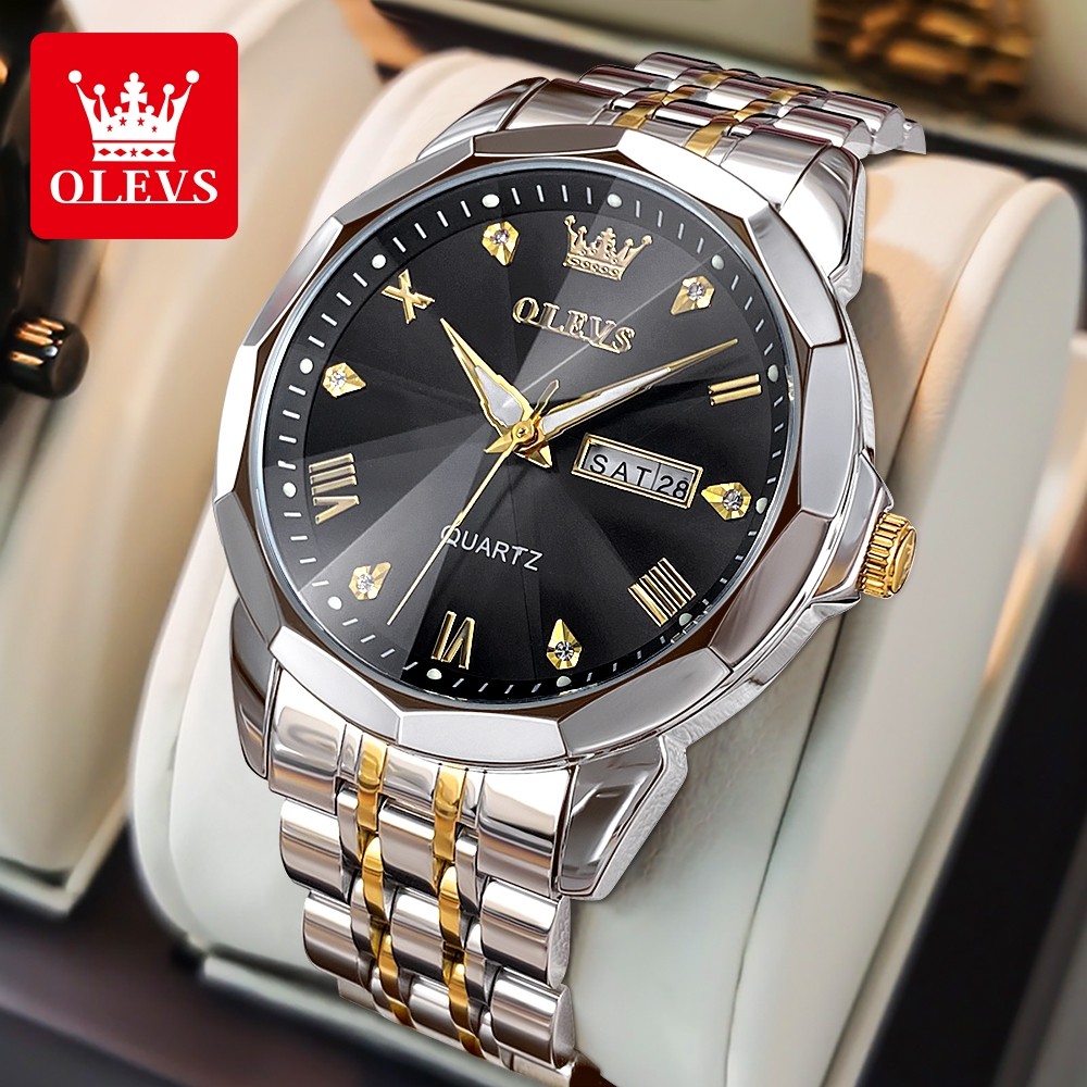 OLEVS Jam Tangan Pria Anti Air Original Terbaru Mewah Hitam Luxury Stainless Steel Watch Men