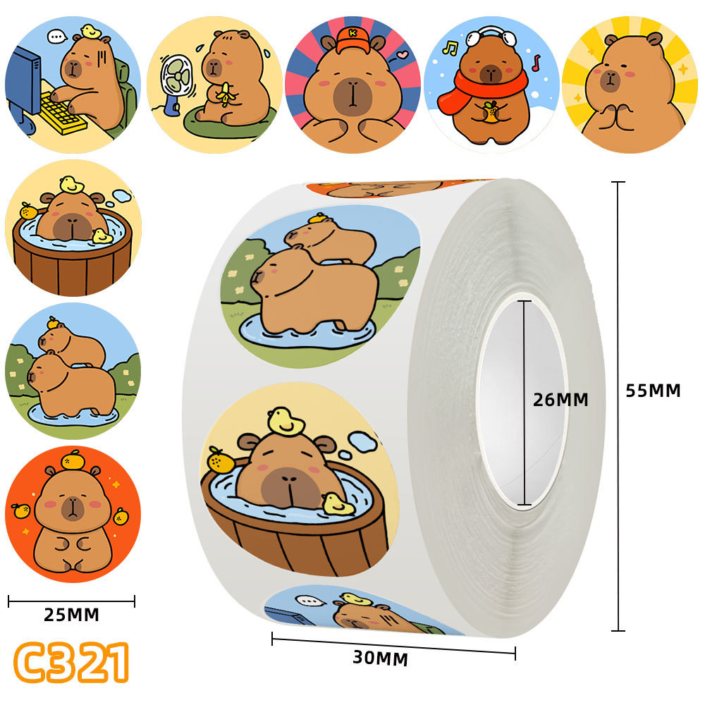 

500Pcs/Roll Cute Cartoon Fat Capybara Stickers Roll for Helmet Bicycle Hand Account Pencil Case Decals