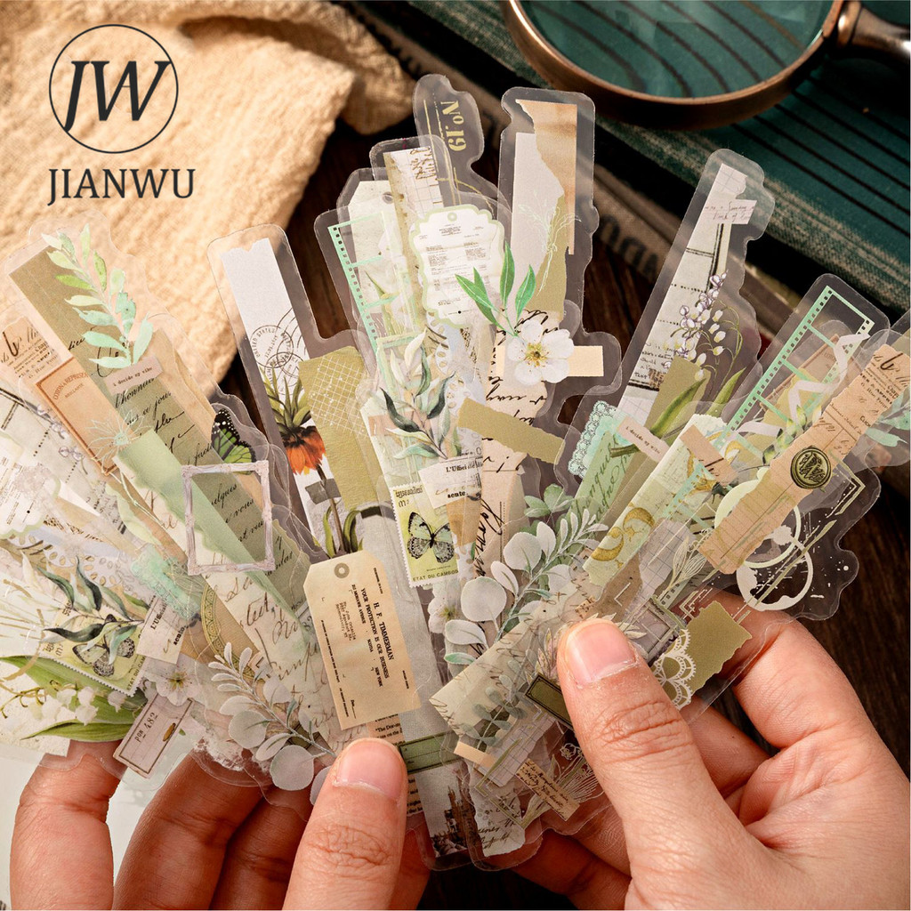 

JIANWU 20 Sheets Paper Lab Series Vintage Plant Flower Material Decor Strip PET Sticker Creative DIY Journal Collage Stationery