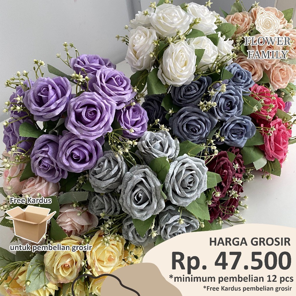 

Flower Family - [9 Cabang] Rose Snow Mawar Salju Artificial / Bunga Mawar Artificial Plastik / Rose Snowflake