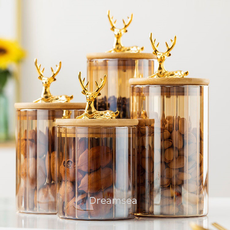 Household Glass Storage Jar Coarse Cereals Storage Jar Deer Head Bamboo Cap Glass Sealed Jar