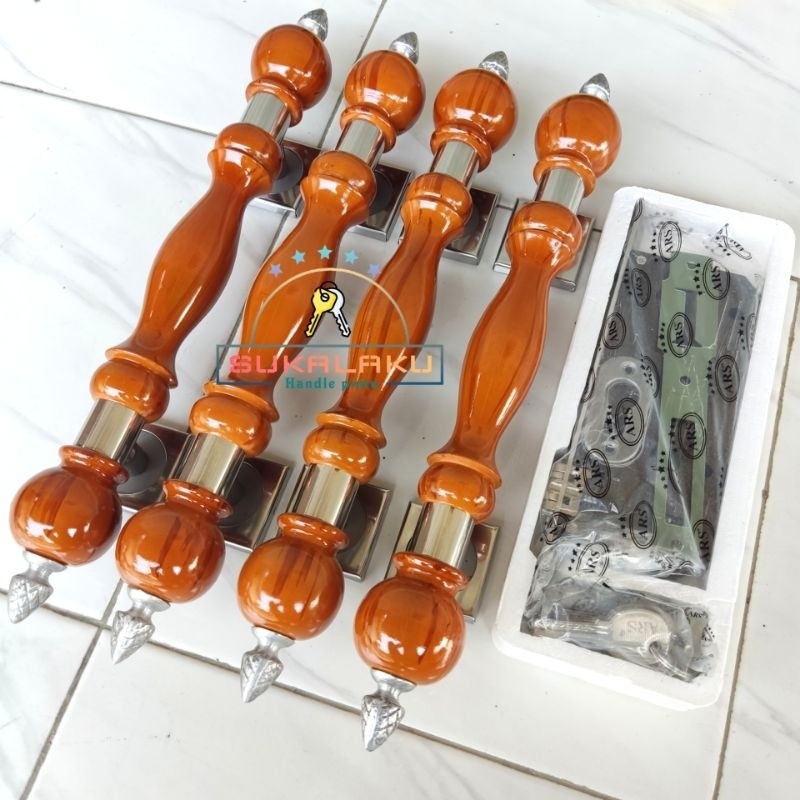 handle pintu rumah 1set isi 4 dan kunci silinder/model handle tomat kayu jati panjang 40cm