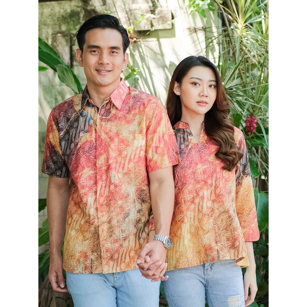 Batik Adyatma Sarimbit Set Couple Asoka Orange - Kemeja Slim Fit Lengan Pendek & Blouse Digital Prin