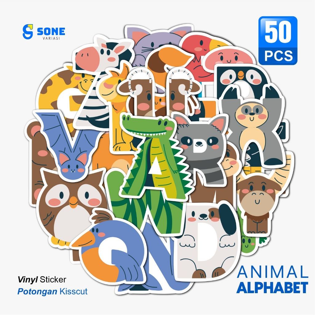

Sticker Pack ANIMAL ALPHABET/ Sticker Kartun Anak Paper Vinyl Waterproof Glossy Dekorasi Buku Jurnal