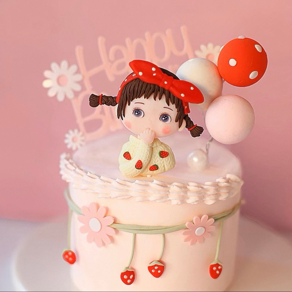 (HARGA 1PCS) CAKE TOPPER (STROBERI GIRL) BAHAN SILIKON CLAY tusukan dekorasi hiasan pajangan kue ula
